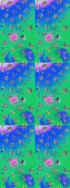 Düz Çiçek Elementleri Tasarımı. Raster Illustrasyon 'daki Çiçek Deseni' nin son moda çizimi. Renkli Yaz Temalı eskiz kalıbı. Mavi ve yeşil renkte çiçekler.