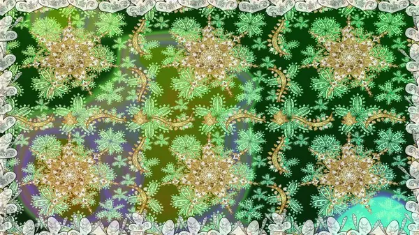 Altın desenli çiçek dekoru. Yeşil renklerdeki altın element. Davetiyeler, kartlar, web sayfası için Raster illüstrasyon. Çizgi sanatı tasarım şablonu için kusursuz sınır. Doğu tarzı ögesi.