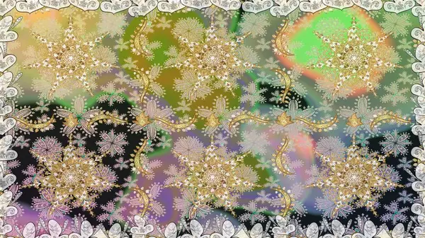 El yapımı dekoratif çerçeve, albüm kapağı, tebrik kartı, klasik Art deco tarzı. Raster soyut çiçek çelengi altın karalama fantezi yaprakları ve tarafsız renklerde çiçek.