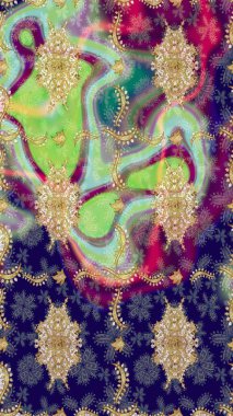 Lüks, kraliyet ve Viktorya dönemi konsepti. Süslü dekorasyon. Raster klasik barok çiçek deseni altın rengi. Altın elementlerle mavi renklerde altın desen.