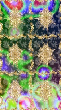 Geleneksel oryantasyon süsü. Klasik klasik klasik arka plan. Klasik Raster altın desenini çiz. Altın elementlerle yeşil renklerde altın desen.