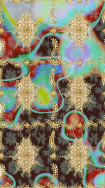 Barok tarzında altın çiçekli süs. Damask arkaplanı. Kahverengi renkte altın bir element. Altın çiçekli çizim şekli.