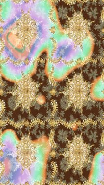 Kahverengi renkte altın bir element. Damask arkaplanı. Altın çiçekli eskiz deseni. Barok tarzında altın çiçekli süs..