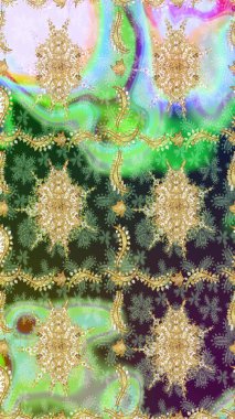 Yeşil renkte desen. Raster Golden Mehndi eskiz kalıbı. Kına dövmeli süs çiçekleri, altın çıkartmalar, mehndi ve yoga tasarımı, kartlar ve parmak izleri..