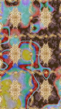 Altın karalama fantezi yapraklarından ve kahverengi renkli çiçeklerden Raster soyut çiçek çelengi. El yapımı dekoratif çerçeve, albüm kapağı, tebrik kartı, klasik Art deco tarzı.