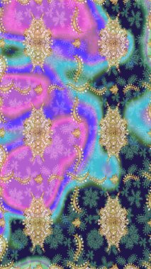 Arkaplan, kumaş, altın duvar kağıdı. Düz elle çizilmiş klasik koleksiyon. Raster Golden eskiz kalıbı. Mor renklerde altın desenli altın elementler.