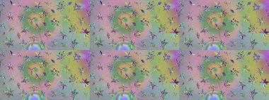 Soyut etnik raster çizim kalıbı. Vadinin çiçekleri tarafsız ve yeşil renklerde. Çiçekler..