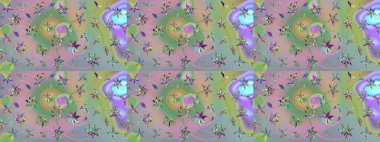 Tarafsız ve yeşil renklerde çiçekler. El çizimi çiçekli soyut çizim kalıbı. Raster illüstrasyonu.