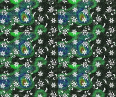 Tekrarlayan çiçek arkaplanı, zarif yeşil ve gri çiçek duvar kağıdı. Yeşil ve gri renkler üzerine çiçek desenli çizimler, el yapımı papatyalar, papatyalar.