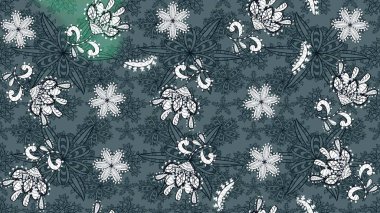 Raster illüstrasyonu. Çiçek buketleriyle klasik bir eskiz şekli. Yeşil ve mavi renklerde.