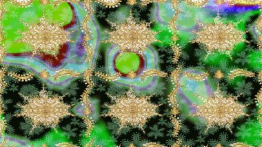 Altın elementli yeşil renkli altın desen. Raster klasik barok çiçek deseni altın rengi. Süslü dekorasyon. Lüks, kraliyet ve Viktorya dönemi konsepti.