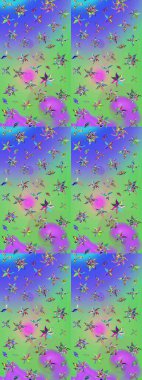 Arkaplan dokusu, duvar kağıdı, yeşil ve mor renkli çiçek teması. Soyut etnik raster çizim kalıbı. Kabile sanatı boho baskısı, klasik çiçek arkaplanı.