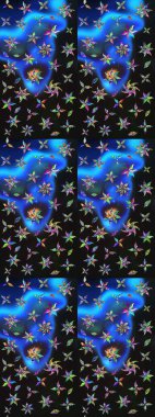 Şirin çiçekli eskiz deseni ve gri ve mavi renkli yapraklar, suluboya çiçek deseni, duvar kağıdı, kart ya da kumaş için fayanslı. Raster illüstrasyonu.