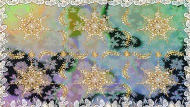 Kusursuz altın desen. Tarafsız renkler ve altın elementler. Çiçek desenli altın metal. Raster altın çiçek süsü brokar kumaş ve cam desenli..