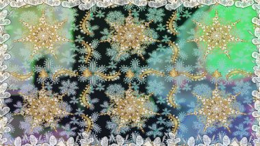 Altın çiçekli, pürüzsüz desen. Damask arkaplanı. Barok tarzında altın çiçekli süs. Gri renklerdeki altın element.