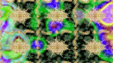 Raster geometrik arka plan. Senin tasarımın için, duvar kağıdı. Altın çiçekli yeşil renklerde altın eskiz deseni. Altın renkli çizim çizimi.