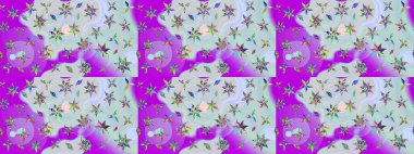 Çiçek desenli çizim. Raster illüstrasyonu. Asya tekstil tarzında. Tarafsız ve mor renkli çiçekler. Renkli Bahar Teması eskiz kalıbı. Düz Çiçek Elementleri Tasarımı.