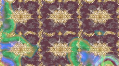 Kraliyet lüksü, altın barok kumaş rengi eskiz. Raster eskiz deseni altın antika çiçekli ortaçağ dekoratifi, yapraklar ve kahverengi renkli altın desenli süslemeler..