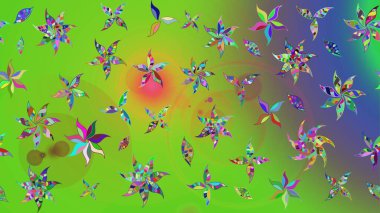 Renkli Bahar Teması eskiz kalıbı. Düz Çiçek Elementleri Tasarım Raster illüstrasyonu. Çiçek desenli eskiz. Yeşil ve mor renkte çiçekler.