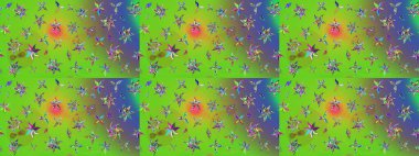 Raster düz çiçek çizim deseni. Hediye ambalaj kağıdı, tebrik kartları, posterler ve pankart tasarımı. Yeşil ve mor renkte çiçekler.