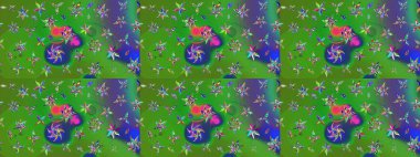 Raster illüstrasyonu. Yeşil ve mavi renkte çiçekler. Küçük çiçekte sevimli çiçek deseni var..