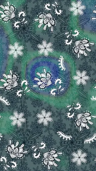 Raster illüstrasyonu. Çiçek ve yapraklı karalama şeklinde Raster çiçek deseni. Yeşil ve mavi renklerde bahar çiçekleri..