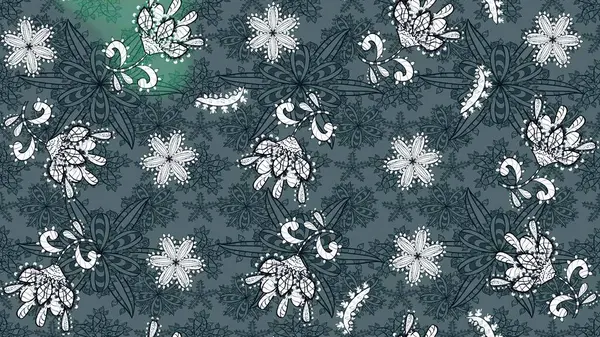 Raster illüstrasyonu. Çiçek buketleriyle klasik bir eskiz şekli. Yeşil ve mavi renklerde.