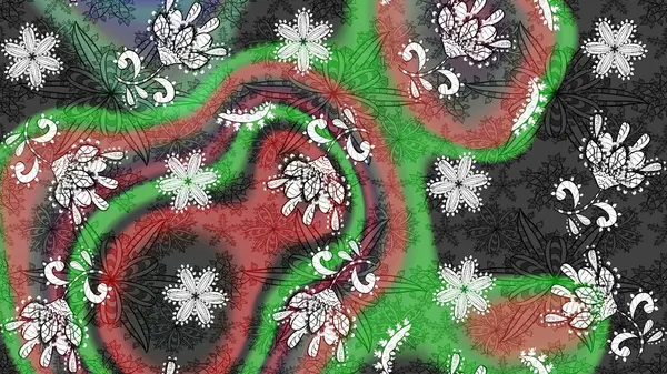 Raster illüstrasyonu. Gri ve yeşil renkli Asya tekstili. Suluboya çiçekli çiçek deseni.