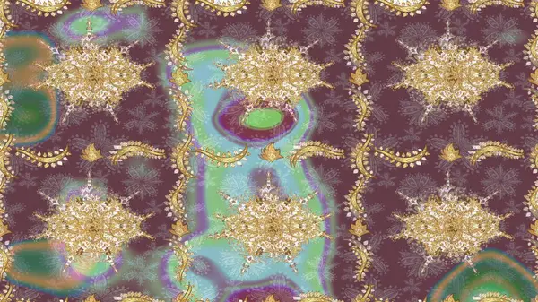 Süslü dekorasyon. Damask altın soyut çiçek deseni kahverengi renklerde. Raster illüstrasyonu.