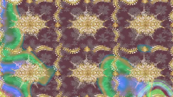 Kraliyet lüksü, altın barok kumaş rengi eskiz. Raster eskiz deseni altın antika çiçekli ortaçağ dekoratifi, yapraklar ve kahverengi renkli altın desenli süslemeler..