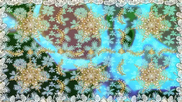 Mavi renklerdeki altın element. Antika altın tekrarlanabilir duvar kağıdı. Damask arkaplanı tekerrür ediyor. Barok tarzında altın çiçek süsü..