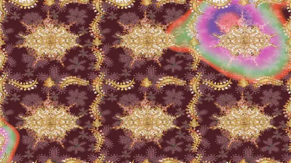 Klasik Raster altın desenini çiz. Kahverengi renkli ve altın elementli eskiz deseni. Geleneksel oryantasyon süsü. Klasik vintage arkaplan.