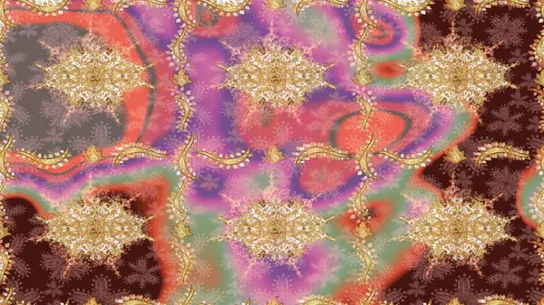 Barok tarzında altın çiçekli süs. Kahverengi renklerde altın element. Damask çizimi tekrarlanıyor. Doku arkaplanı üzerine altın duvar kağıdı.