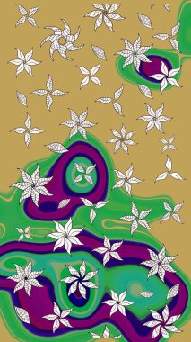 Çiçekli ipek eşarp. Retro tekstil tasarım koleksiyonu. Sarı ve yeşil, sarı ve yeşil. 1950-1960 motifleri. El çizimi çiçek elementleri ile soyut çizim raster deseni.