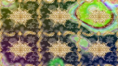 Soyut bir arkaplan çiz. Raster illüstrasyonu. Oriental raster klasik yeşil ve altın desenli.