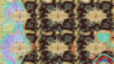 Raster illüstrasyonu. Kahverengi renkli ve altın elementli klasik eskiz deseni.