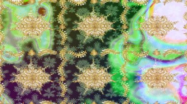 Yeşil renkte desen. Raster Golden Mehndi eskiz kalıbı. Kına dövmeli süs çiçekleri, altın çıkartmalar, mehndi ve yoga tasarımı, kartlar ve parmak izleri..