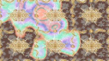 Ortaçağ çiçek desenini çiz. Dekoratif simetri arabesk. Doğum günü kartı, davetiye ya da afiş için iyidir. Raster illüstrasyonu. Tarafsız renklerde altın.