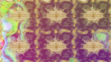 Hassas altın deseni açın. Parlak dantel, stilize çiçekler, şal desenli. Altın desenli bukleler çiz. Mor renkli ve altın elementli eskiz deseni. Doğu tarzı arabesk. Raster..