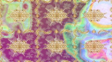 Altın elementli nötr renkler. Çizim altın desenli bukleler. Raster illüstrasyonu. Doğu tarzı arabesk. Raster altın desen.