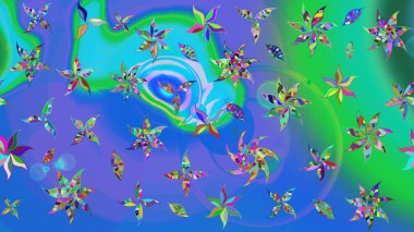 Raster illüstrasyonu. Yumuşak, bahar çiçekleri mavi ve yeşil renklerde. Yaprak ve çiçeklerin suluboya resmi, mavi ve yeşil renkler üzerine çizim şekli.