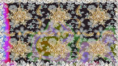 Doğum günü kartı, davetiye ya da afiş için iyidir. Dekoratif simetri arabesk. Gri renklerde altın. Raster illüstrasyonu. Kusursuz ortaçağ çiçek desenleri..