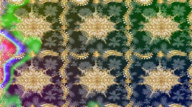 Kına dövmeli süs çiçekleri, altın çıkartmalar, mehndi ve yoga tasarımı, kartlar ve parmak izleri. Yeşil renkte desen. Raster Golden Mehndi eskiz kalıbı.