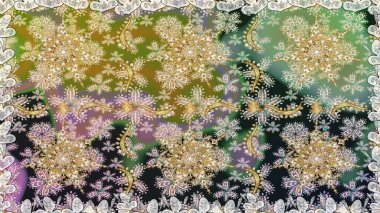 Raster illüstrasyonu. Doğum günü kartı, davetiye ya da afiş için iyidir. Dekoratif simetri arabesk. Kusursuz ortaçağ çiçek deseni. Tarafsız renklerde altın.