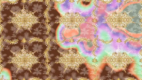 Barok tarzında altın çiçek süsü. Damask çizim kalıbı arka planı tekrarlıyor. Kahverengi renklerde altın element. Antika altın tekrarlanabilir duvar kağıdı.