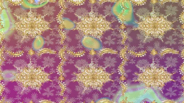 Senin tasarımın için, duvar kağıdı. Altın renkli çizim çizimi. Mor renklerde altın çiçekli eşkal deseni. Raster geometrik arkaplanı.