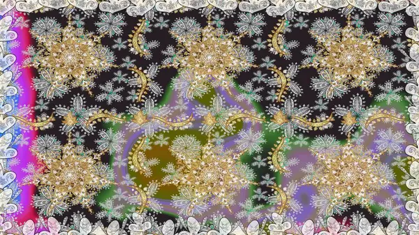 Doğum günü kartı, davetiye ya da afiş için iyidir. Dekoratif simetri arabesk. Gri renklerde altın. Raster illüstrasyonu. Kusursuz ortaçağ çiçek desenleri..