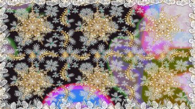 Raster. Parlak dantel, stilize çiçekler, şal desenli. Doğu tarzı arabesk. Gri renklerde, altın elementlerle kusursuz desen. Hassas altın deseni açın. Kusursuz altın dokular bukleler.