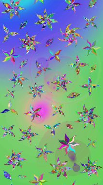 Raster Çiçek İllüstrasyonu 'nun şirin tekstili. Yeşil ve mavi renkli etnik çiçeklerle zarif bir eskiz deseni.