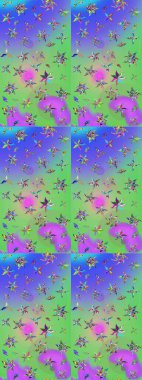 Hediye ambalaj kağıdı, tebrik kartları, posterler ve pankart tasarımı. Yeşil ve mor renkli çiçekler. Raster düz çiçek çizim deseni.